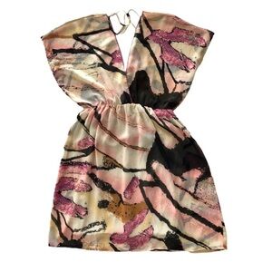 Trac Sheer flowy lightweight beach coverup or dress, abstract pink print Medium